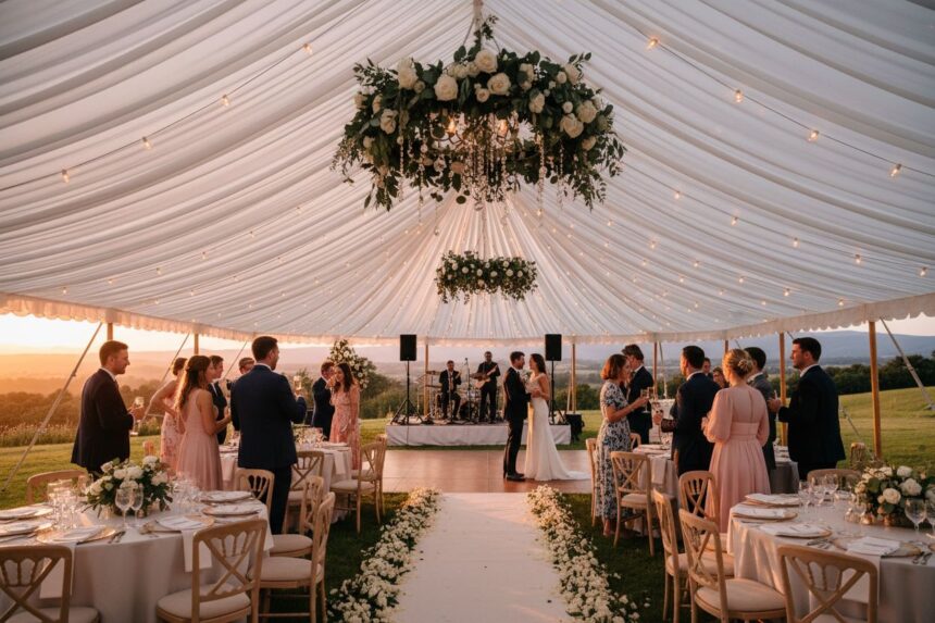 Chapiteau décoré pour un mariage en extérieur avec invités