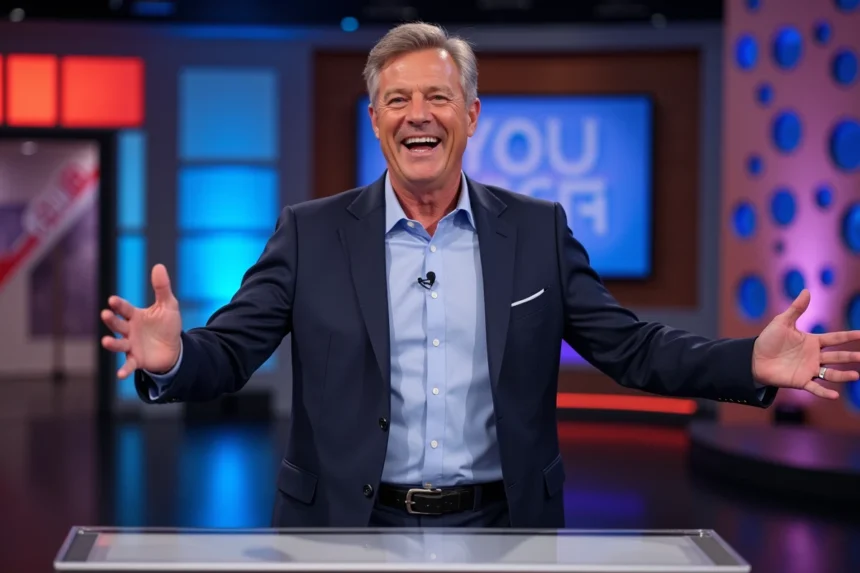 Animateur de jeu télévisé souriant derrière un pupitre dans un studio de télévision coloré, attitude chaleureuse et langage corporel expressif