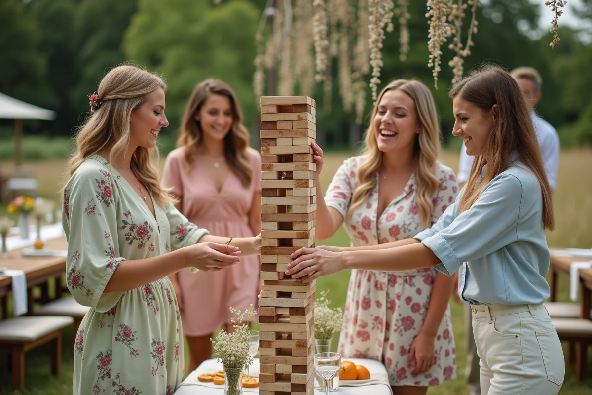 Invités de mariage jouant au Jenga géant lors d'une réception champêtre en plein air avec décoration florale