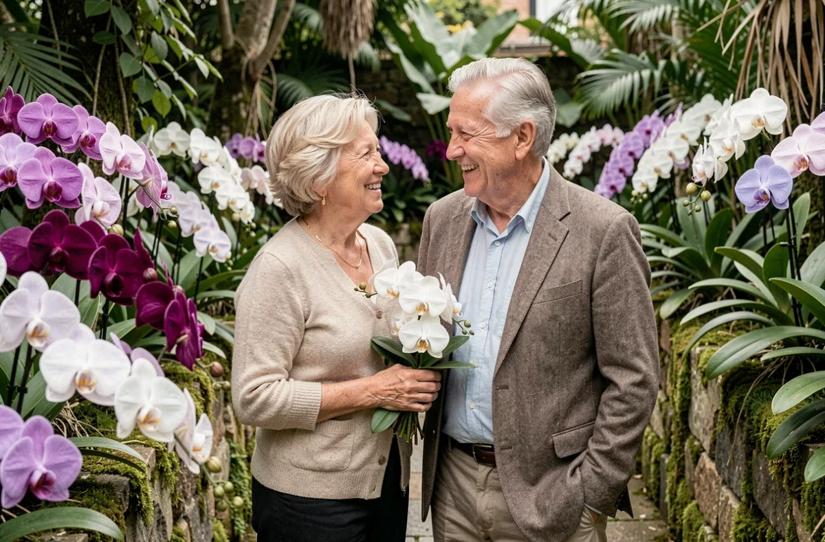 Couple âgé fêtant 55 ans de mariage dans un jardin fleuri d'orchidées, symbole des noces d'orchidée, avec un bouquet de fleurs violettes et blanches