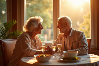 Couple mature célébrant 48 ans de mariage à table élégante