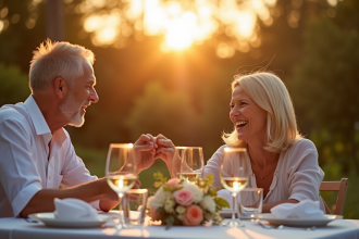 Couple mature célébrant 18 ans de mariage en extérieur