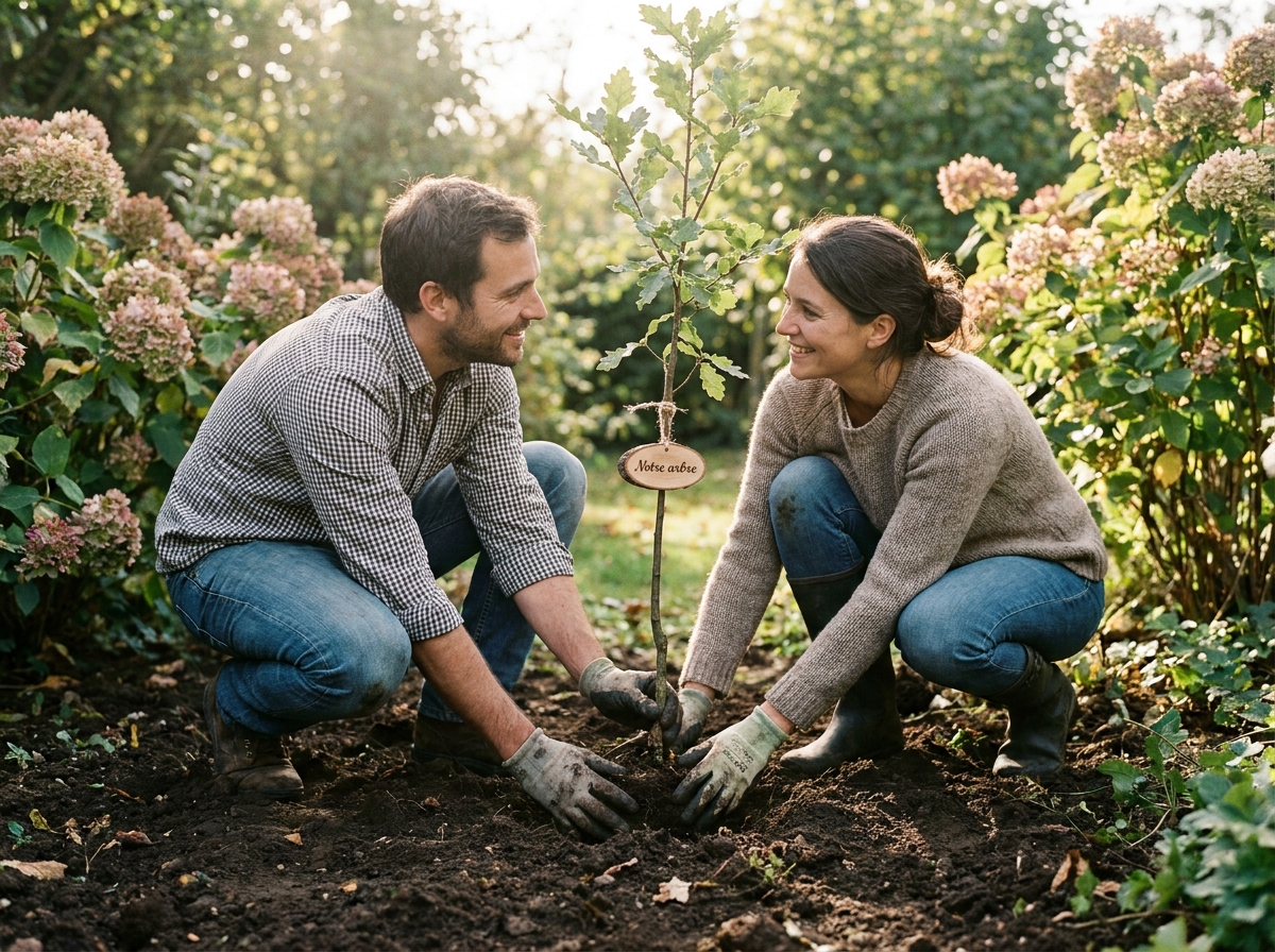 Couple plantant ensemble un jeune arbre dans un jardin, cadeau de mariage symbolique et écologique
