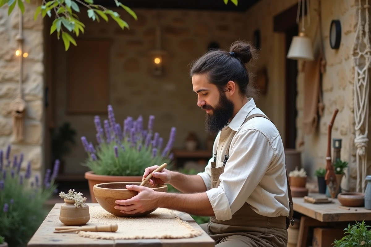 Homme avec barbe sculptant un bol en bois dans un patio