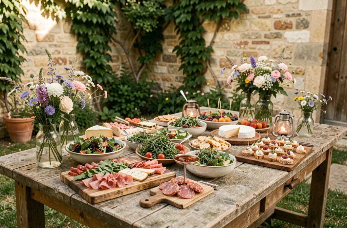 Buffet de mariage sur mesure de L'Atelier des Cousins près de La Rochelle, avec charcuteries artisanales et fromages régionaux sur tables en bois décorées de fleurs sauvages