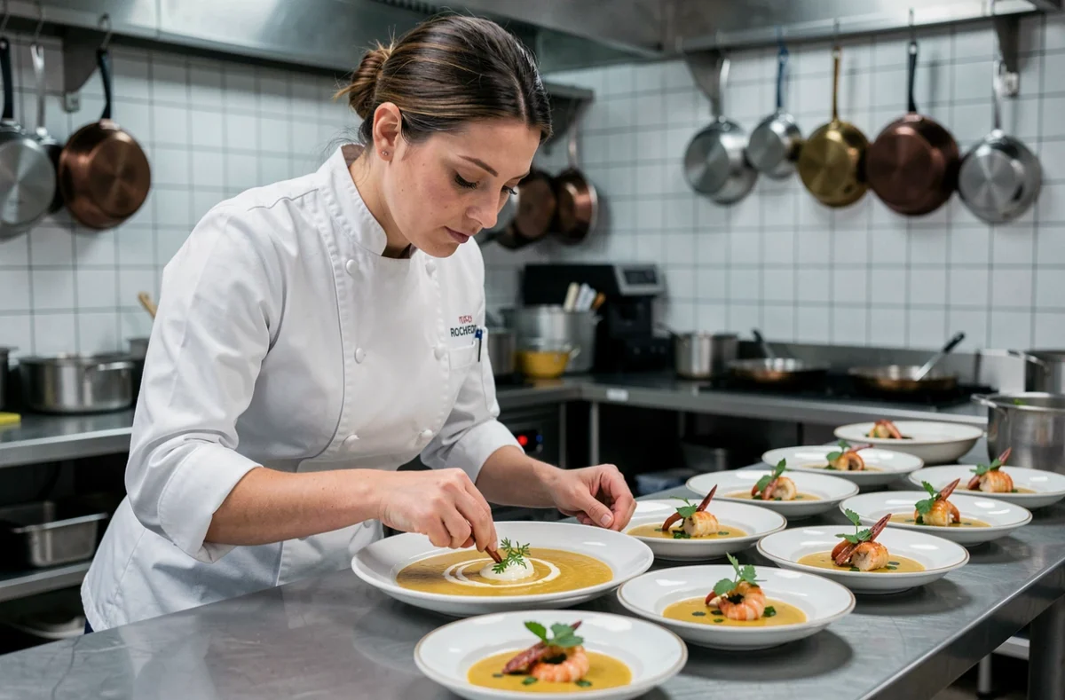 Cheffe de L'Atelier Gourmand De Zora finalisant une bisque de langoustine gastronomique dans sa cuisine événementielle à Rochefort