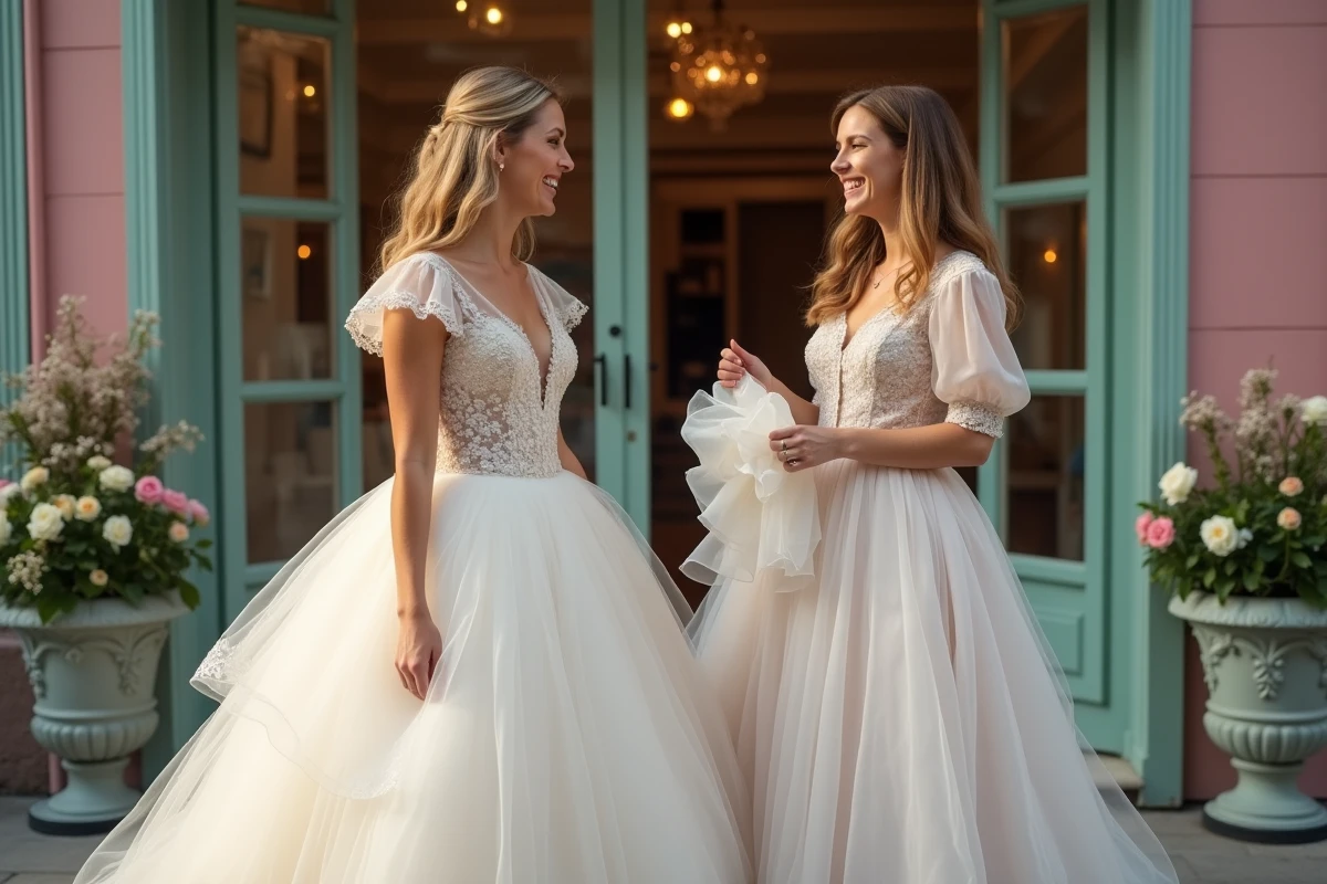 Deux femmes devant un atelier de robes de mariée vintage, l'une portant une robe de princesse en tulle, discutant des options accessibles pour un mariage avec un petit budget