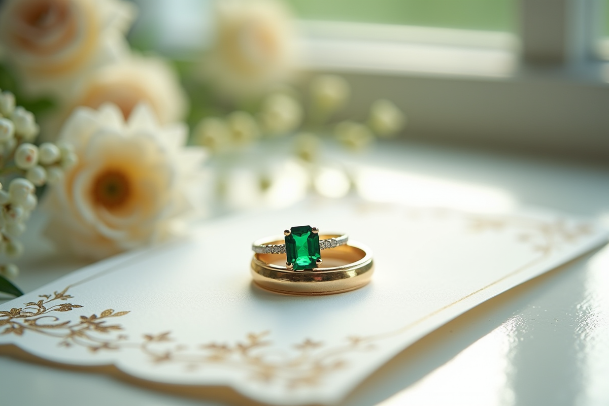 Bague en émeraude sur invitation florale élégante