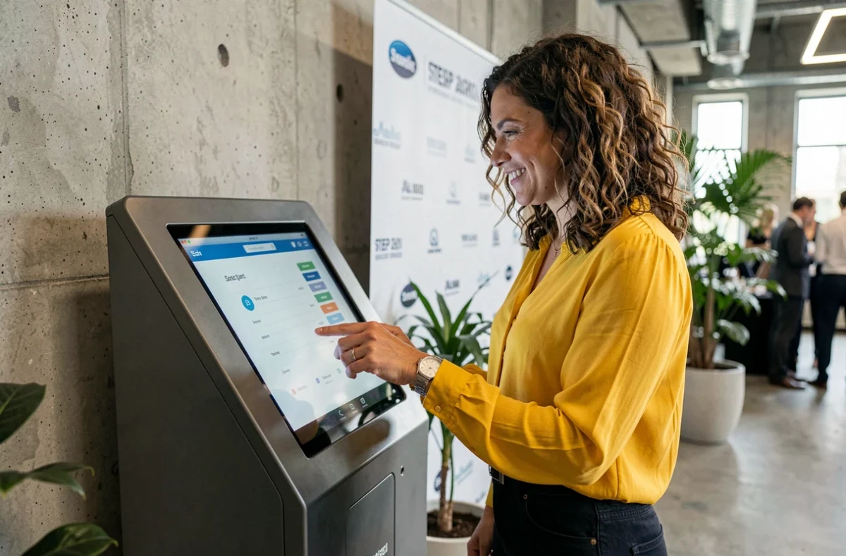 Femme utilisant un borne photobooth KRUU lors d'un événement d'entreprise avec un écran tactile moderne et un espace professionnel en arrière-plan