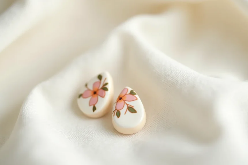 Boucle d'oreille marie en porcelaine avec motifs floraux peints à la main posée sur un tissu de lin blanc, vue de dessus en macro