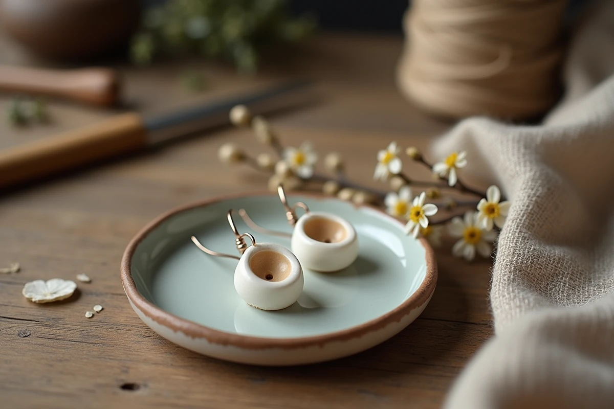 Paire de boucles d'oreilles marie en porcelaine présentées sur un plateau céramique avec fleurs séchées dans un atelier de bijouterie artisanale