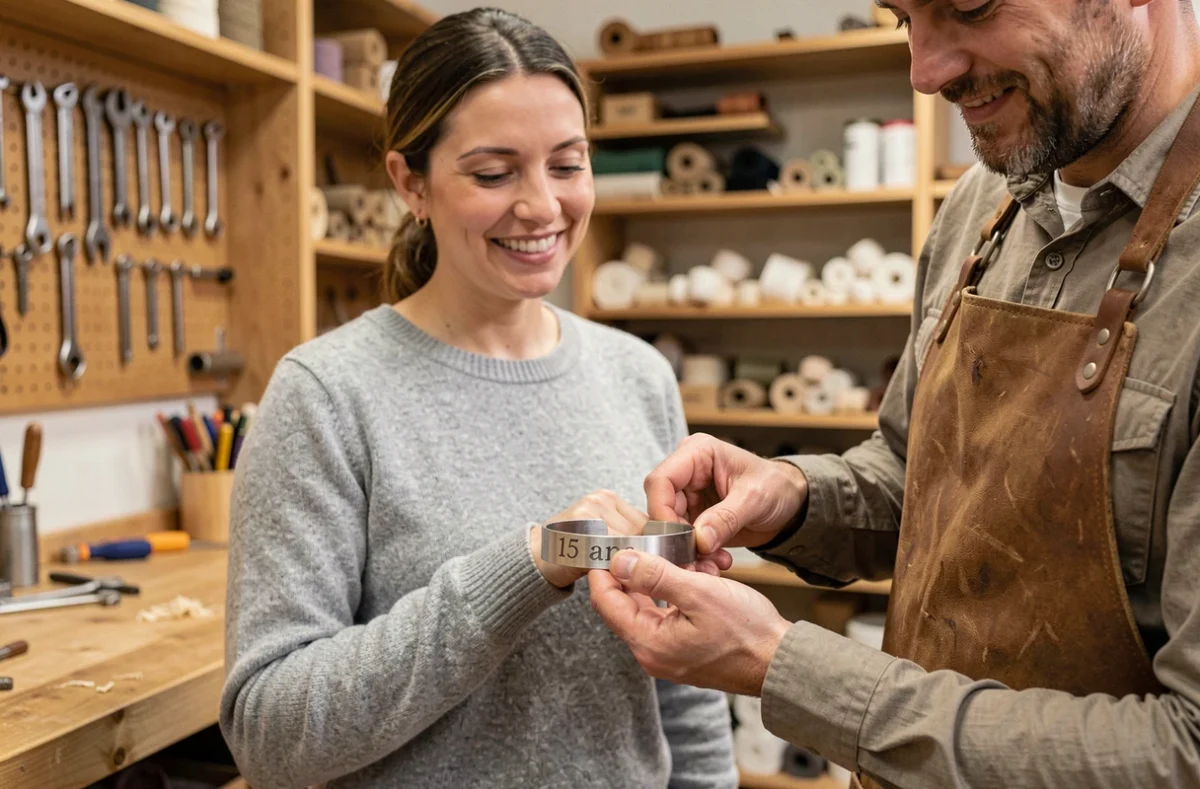 Femme découvrant un bracelet argent gravé pour ses 15 ans de mariage dans un atelier artisanal authentique avec un artisan en tablier de cuir