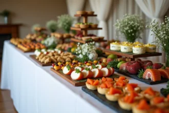 Buffet froid mariage élégant avec charcuterie, terrines et saumon fumé pour 50 personnes