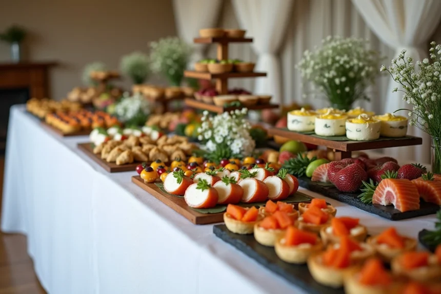 Buffet froid mariage élégant avec charcuterie, terrines et saumon fumé pour 50 personnes