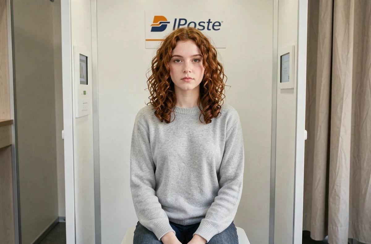 Jeune fille adolescente dans une cabine photo automatique d'un bureau de poste parisien pour réaliser une photo d'identité conforme aux normes officielles