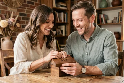 Couple fêtant 15 ans de mariage en déballant un cadeau personnalisé gravé, assis à une table en bois rustique dans un intérieur chaleureux