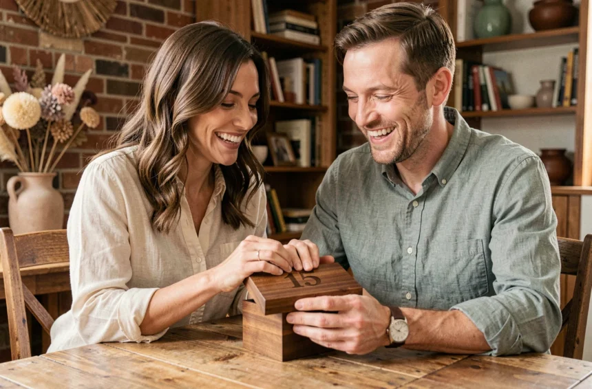 Couple fêtant 15 ans de mariage en déballant un cadeau personnalisé gravé, assis à une table en bois rustique dans un intérieur chaleureux