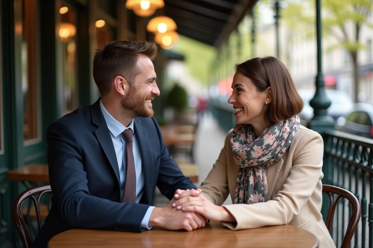 Homme et femme souriants dans un café parisien