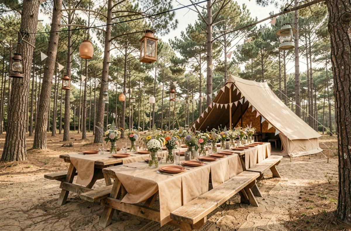 Réception de mariage en plein air au Camping Landae dans la forêt de pins des Landes