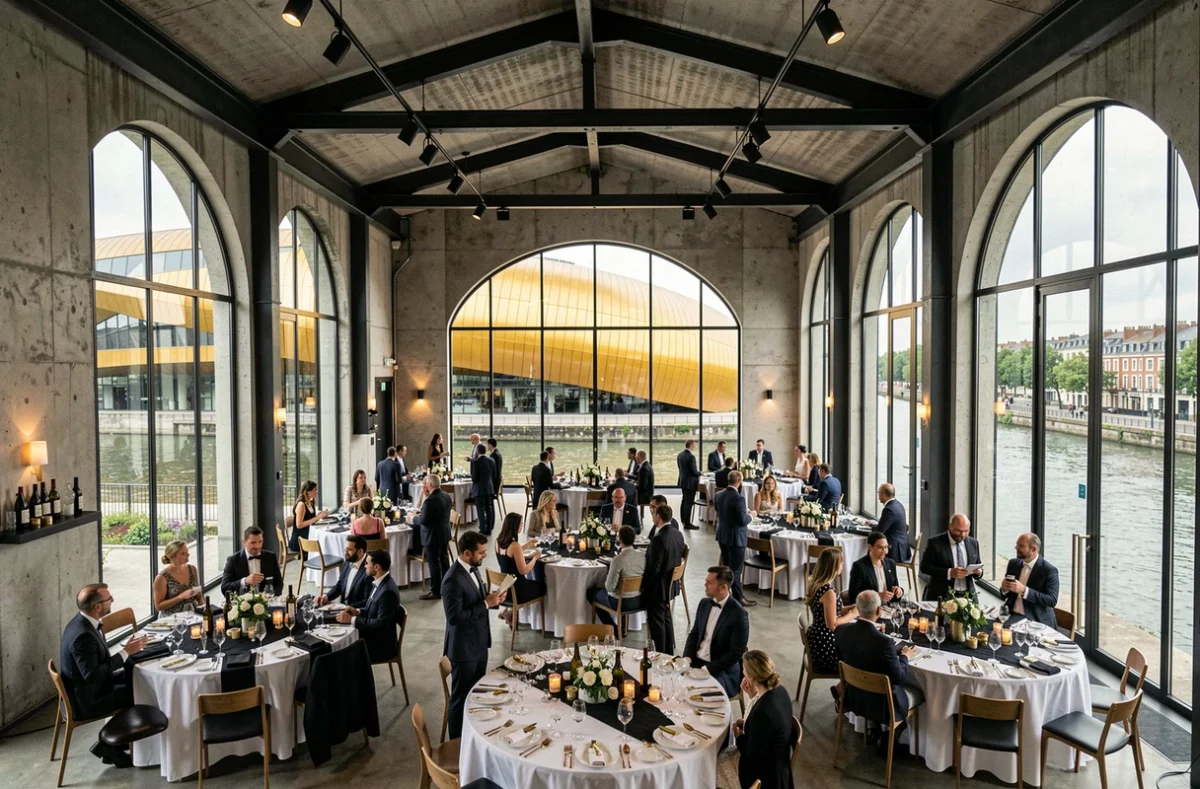 Réception de mariage urbain dans le chai de la Cité du Vin à Bordeaux avec vue sur la Garonne et décor industriel chic