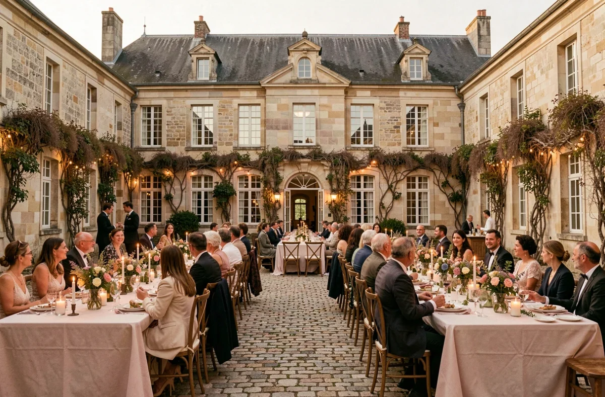 Réception de mariage dans la cour du Château de Chanet en Charente avec tables dressées et façade en pierre