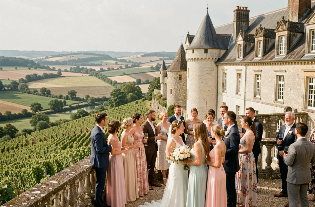 Groupe de mariage sur la terrasse du Château de Monbazillac en Dordogne avec le panorama de la vallée en arrière-plan