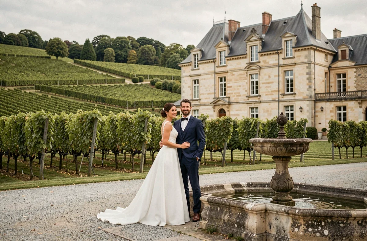 Couple de mariés posant devant le Château de Pressac à Saint-Émilion entouré de vignes en terrasses