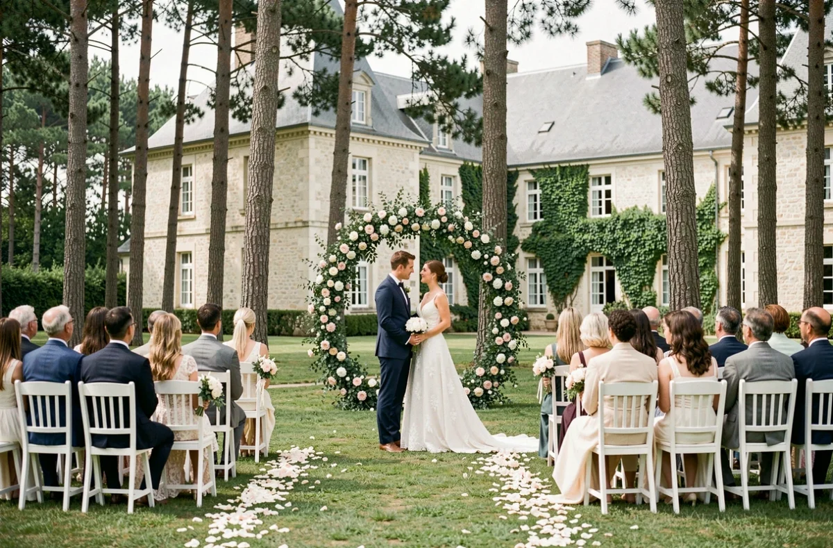 Cérémonie de mariage en plein air devant le Château de Salles dans les Landes avec arche florale et allée de pétales
