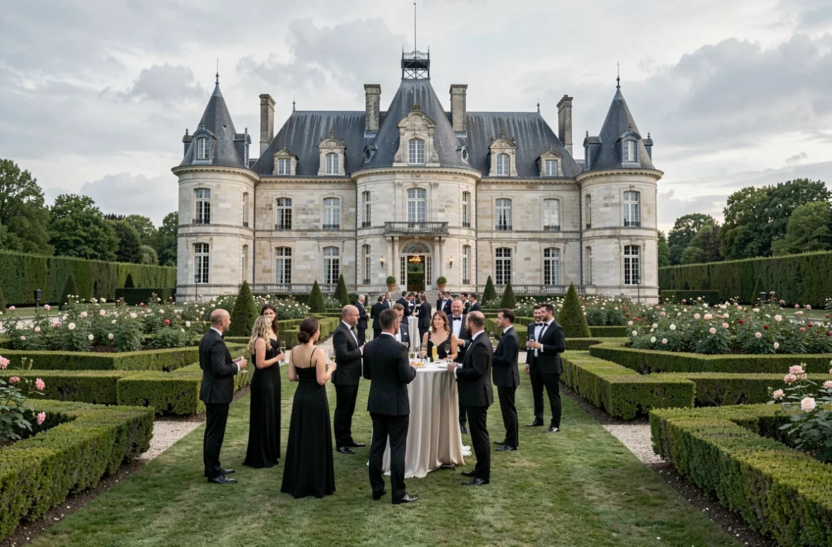 Cocktail de mariage dans les jardins formels du Château Pichon Baron à Pauillac avec la façade du château en arrière-plan
