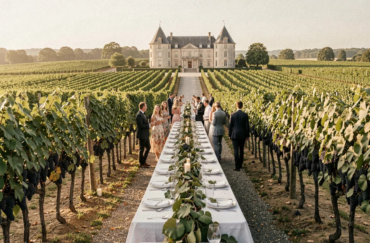 Réception de mariage viticole au Château Sentout près de Bordeaux avec tables dressées entre les rangées de vignes