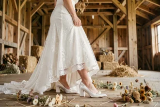 Mariée en robe de dentelle blanche enfilant des chaussures blanches à talon en satin dans une grange champêtre avec poutres en bois et fleurs séchées
