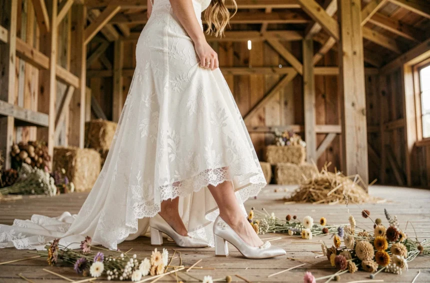Mariée en robe de dentelle blanche enfilant des chaussures blanches à talon en satin dans une grange champêtre avec poutres en bois et fleurs séchées