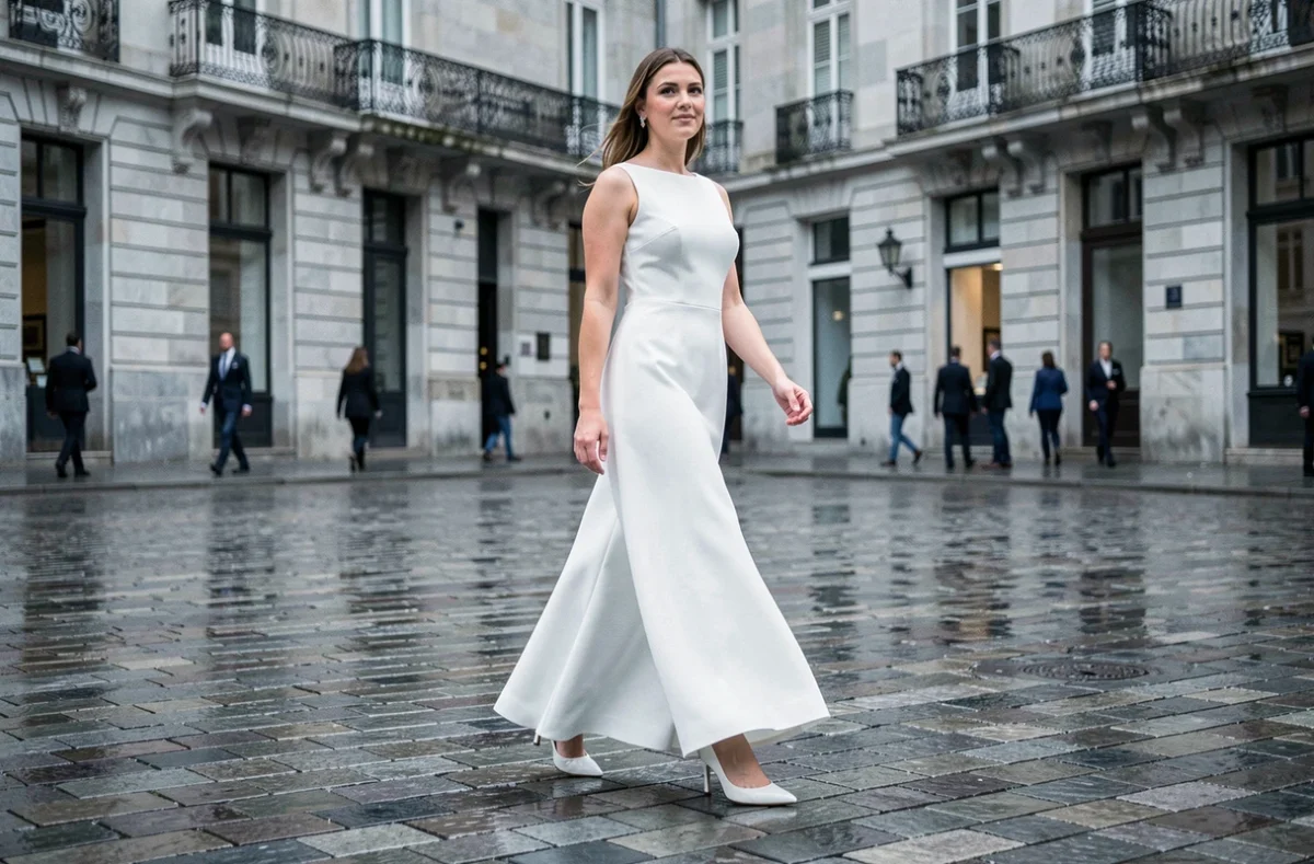 Mariée en robe épurée blanche marchant sur des pavés mouillés en centre-ville avec des escarpins blancs en cuir à kitten heel