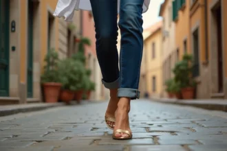 Femme portant des sandales dorées de mariée au quotidien avec un jean et une blouse en lin dans une rue pavée
