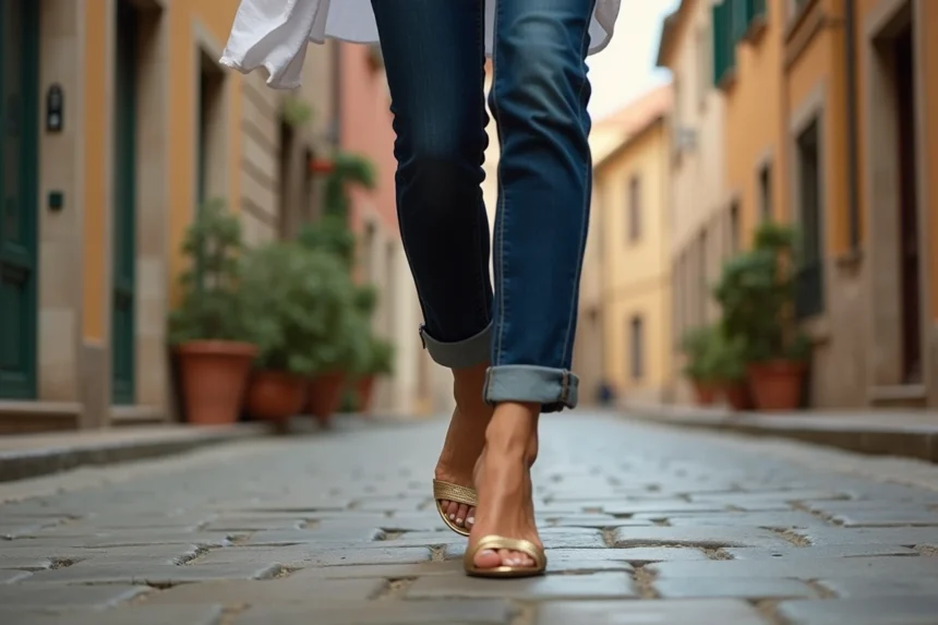 Femme portant des sandales dorées de mariée au quotidien avec un jean et une blouse en lin dans une rue pavée