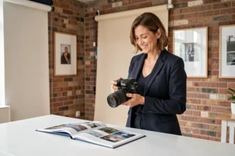 Photographe professionnelle à La Madeleine présentant son portfolio dans un studio photo moderne