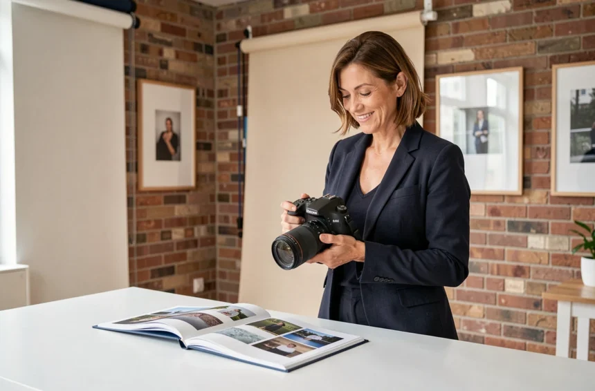 Photographe professionnelle à La Madeleine présentant son portfolio dans un studio photo moderne