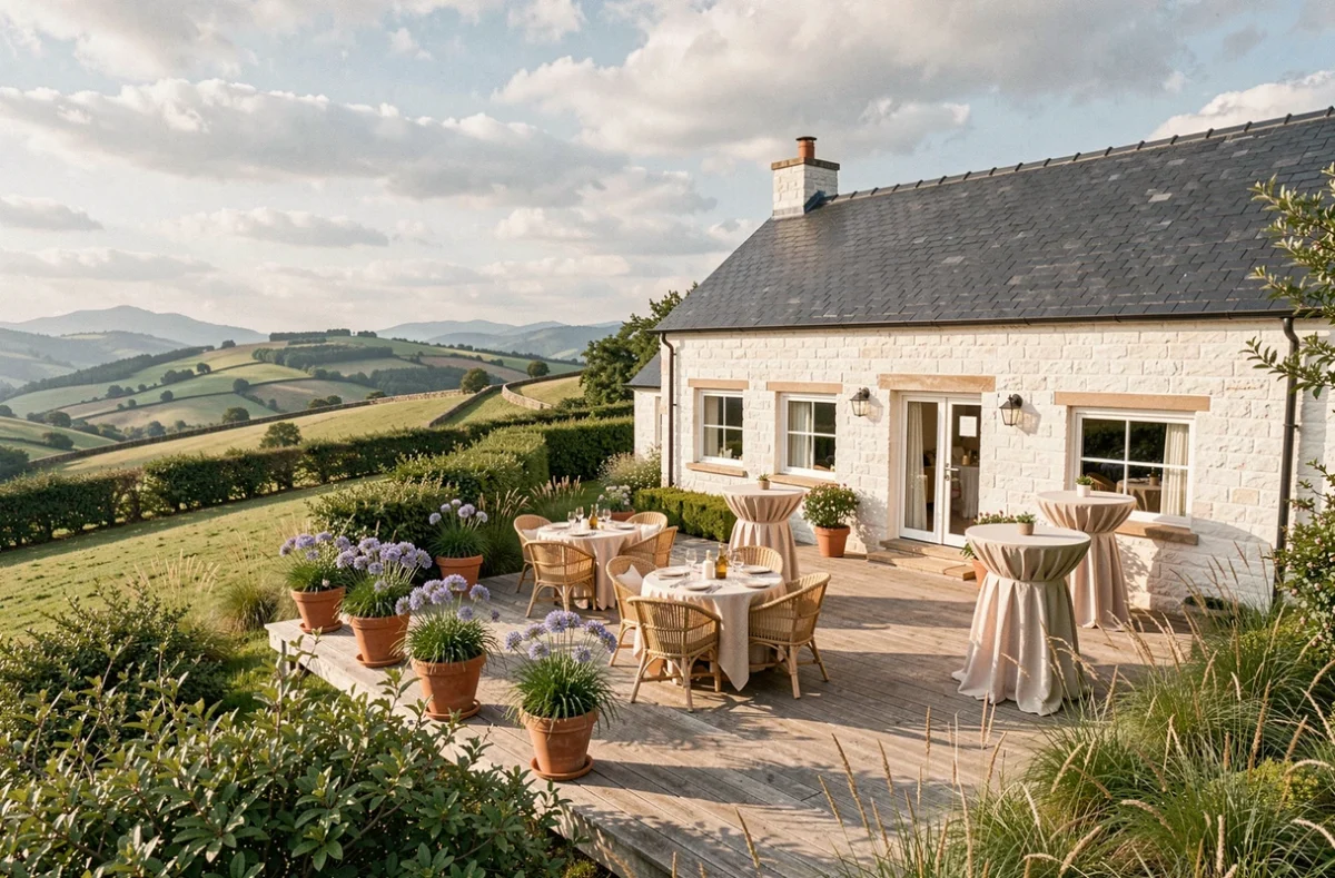 Terrasse de réception de mariage aux Collines Iduki avec vue sur les collines pyrénéennes