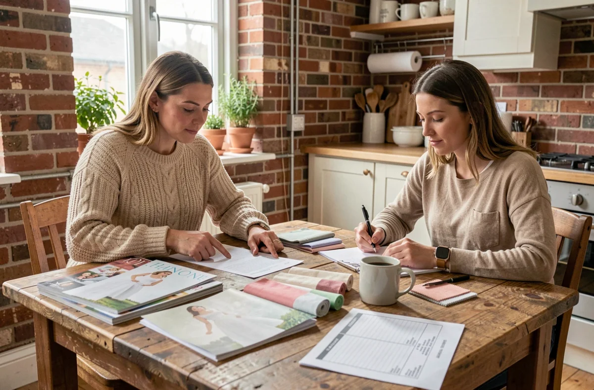Deux femmes comparant les prix de robes de mariée avec des magazines et un tableau de comparaison sur une table en bois rustique à la maison