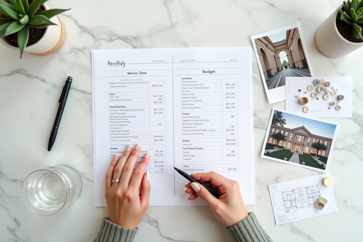 Flat lay comparatif entre tarifs d'un wedding planner et budget de lieu de réception de mariage sur marbre blanc