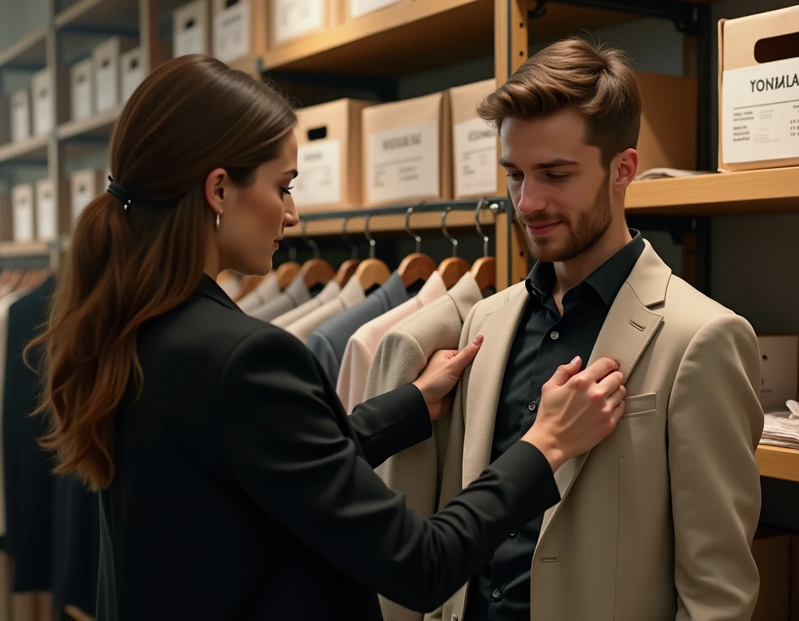 Vendeuse aidant un client à choisir un costume de location dans une boutique parisienne de mariage
