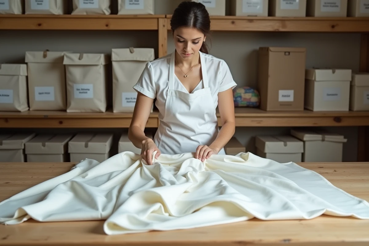 Spécialiste en conservation pliant une robe de mariée ivoire avec du papier de soie sans acide dans un atelier professionnel