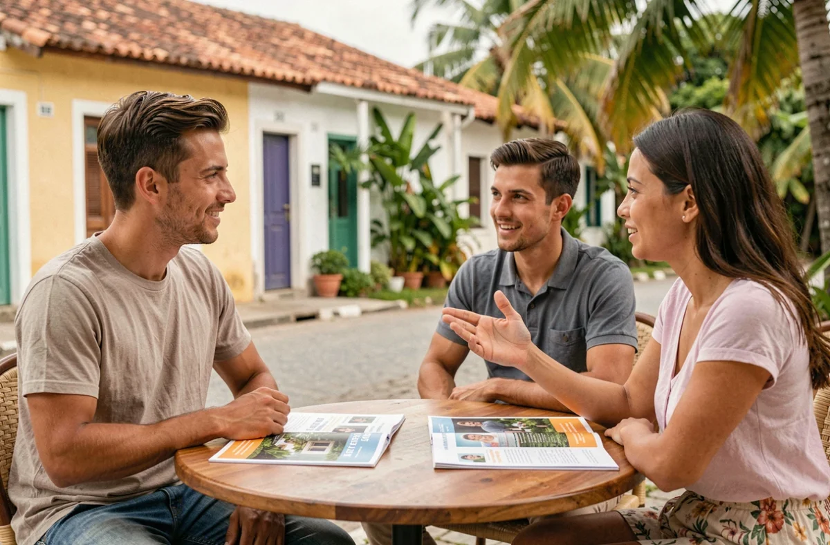 Couple en consultation avec une photographe professionnelle dans un café de Saint-Pierre en Martinique