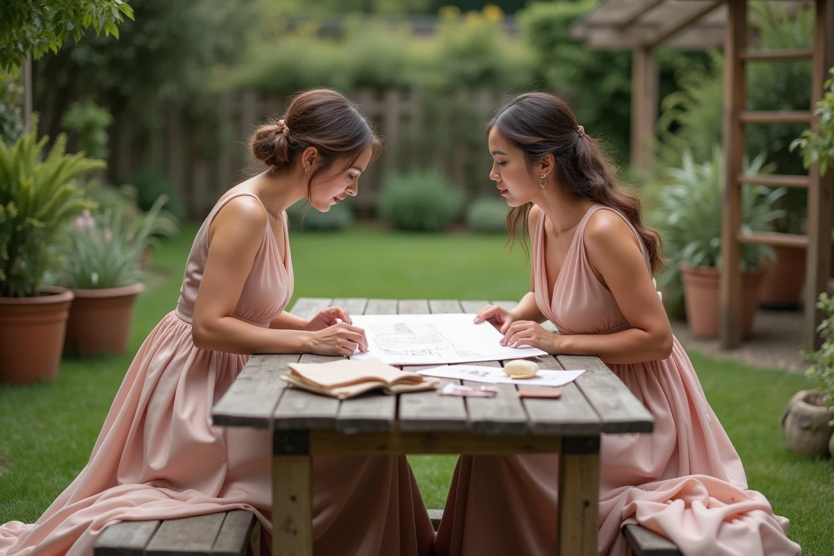 Consultation robe trapèze mariage en soie blush avec une styliste dans un jardin