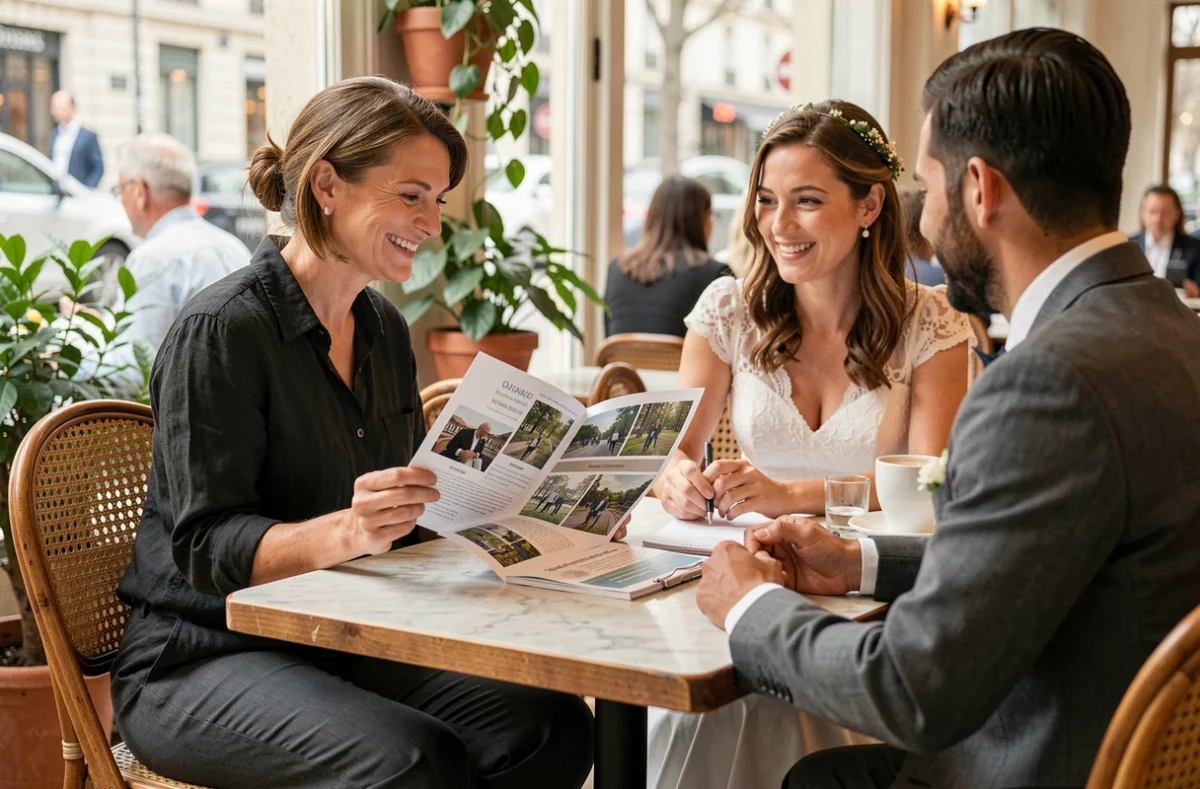 Photographe de mariage présentant ses tarifs et son portfolio à un couple lors d'une réunion de consultation