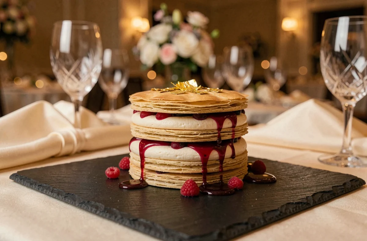 Mille-feuille gastronomique sur mesure du CôteSau avec feuille d'or et coulis de fruits rouges, présenté sur ardoise noire lors d'un mariage élégant