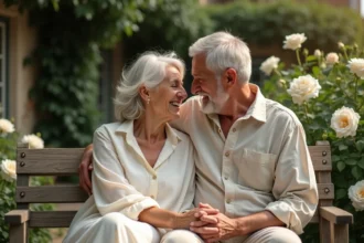 Couple célébrant 36 ans de mariage assis dans un jardin fleuri, main dans la main, vêtements en mousseline et lin