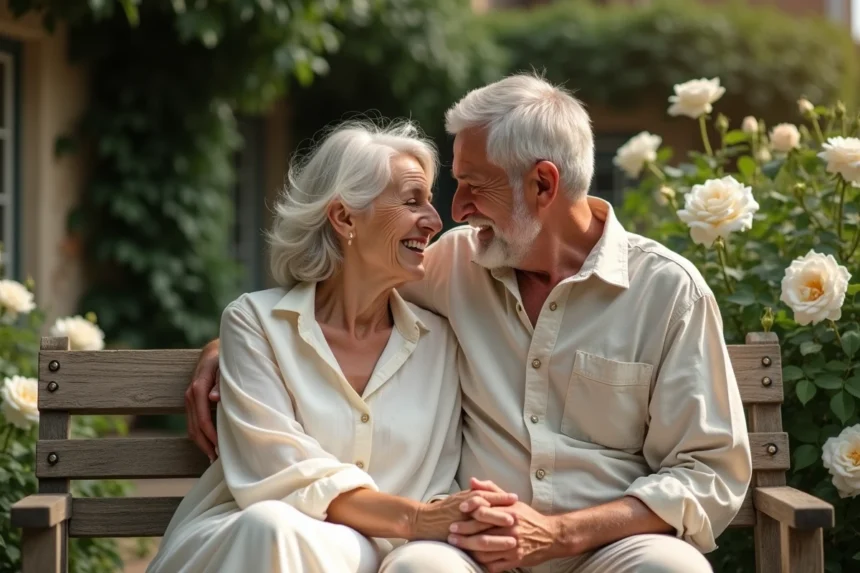 Couple célébrant 36 ans de mariage assis dans un jardin fleuri, main dans la main, vêtements en mousseline et lin