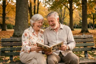 Couple de personnes âgées riant ensemble sur un banc de parc en feuilletant un album photo pour leurs 40 ans de mariage