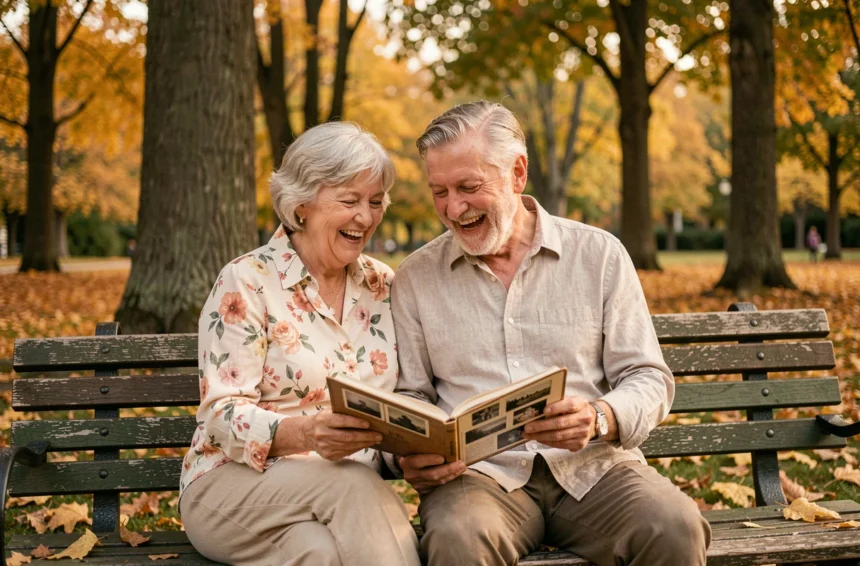 Couple de personnes âgées riant ensemble sur un banc de parc en feuilletant un album photo pour leurs 40 ans de mariage